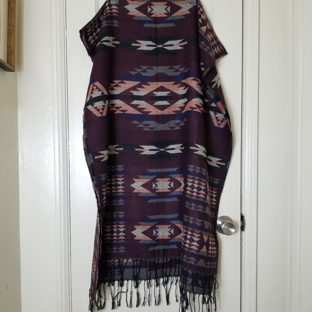 ALDO brown gray blue plaid fringed scarf